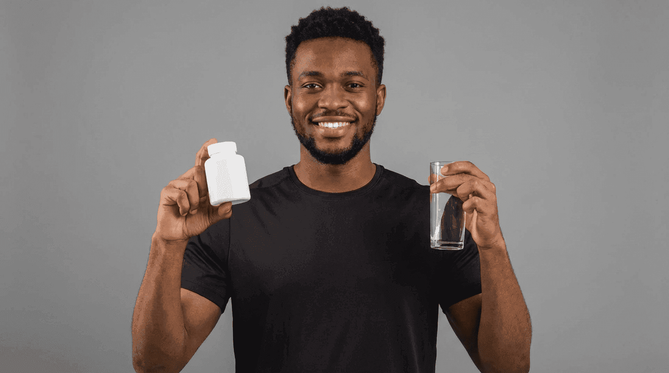 A smiling man in a black t-shirt holding a white pill bottle in one hand and a glass of water in the other against a solid gray background.